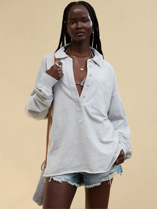 aerie Tops - Aerie 100% Cotton Take It Easy Popover Polo Sweatshirt, Medium Heather Grey – M